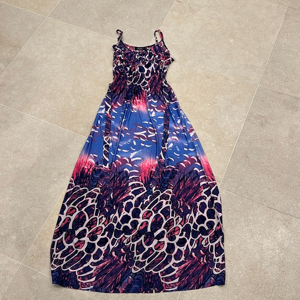 Pink and blue print maxi dress